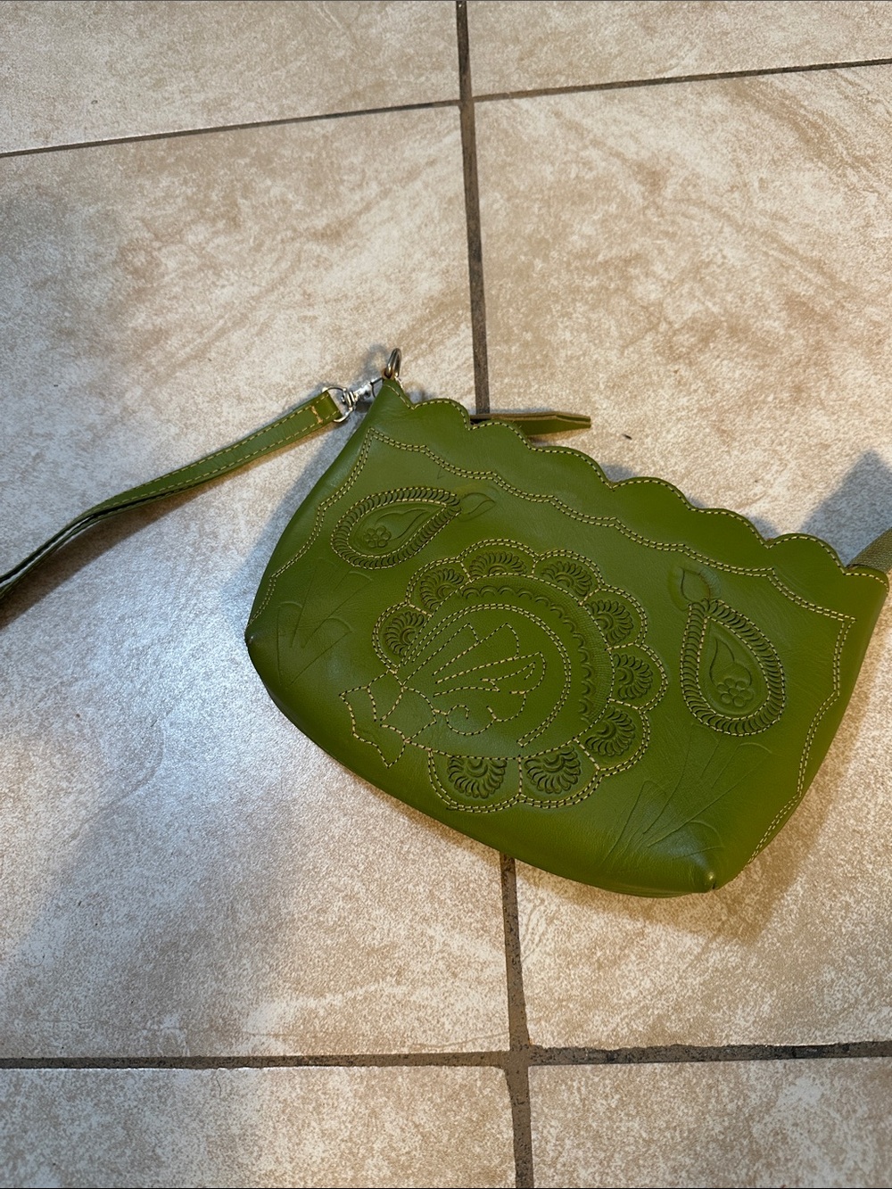 Olive Green Embossed Wristlet Clutch